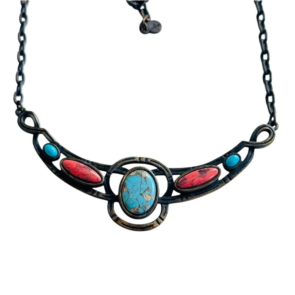Caroline Bronze Collar Necklace Faux Red Blue Turquoise Cabochon BOHO Rare 18"L